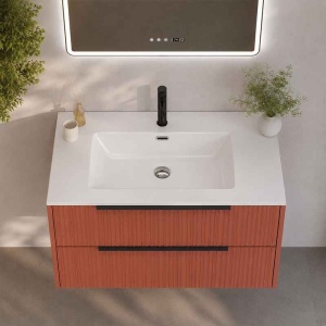 Mobilier suspendat pentru lavoar Fluminia Istria 80 cu 2 sertare, front riflat, 80x46 cm, mattone, mâner negru - Img 5