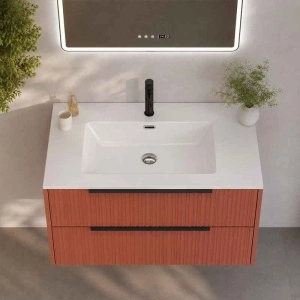 Mobilier suspendat pentru lavoar Fluminia Istria 80 cu 2 sertare, front riflat, 80x46 cm, mattone, mâner negru - Img 5