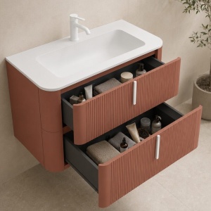 Mobilier suspendat pentru lavoar Fluminia Pisa 100 cm, front riflat, 100 × 46 cm, mattone, mâner alb mat - Img 3