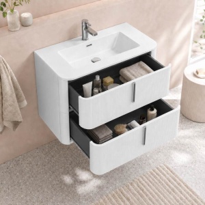 Mobilier suspendat pentru lavoar Fluminia Pisa 80 cm, front neted, 80 × 46 cm, alb mat, mânere albe mat - Img 2