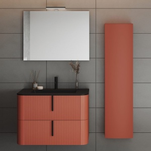 Mobilier suspendat pentru lavoar Fluminia Pisa 80 cm, front riflat, 80 × 46 cm, mânere negre, mattone - Img 2