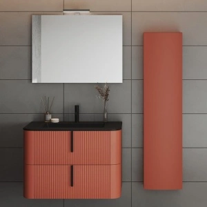 Mobilier suspendat pentru lavoar Fluminia Pisa 80 cm, front riflat, 80 × 46 cm, mânere negre, mattone - Img 2