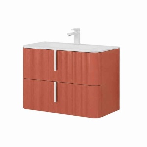 Mobilier suspendat pentru lavoar Fluminia Pisa 80 cm, front riflat, 80 × 46 cm, mattone, mâner alb mat