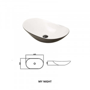 Lavoar pe blat Fluminia, My night, oval, alb-negru, 60.5 x 36 cm - Img 2
