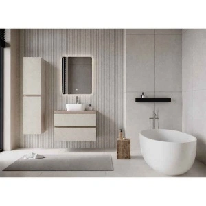 Mobilier suspendat pentru lavoar Fluminia Genova 80, front rugos, 80x46 cm, almond/noce americano - Img 5