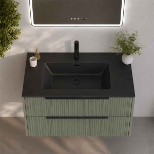 Mobilier suspendat pentru lavoar Fluminia Istria 80 cu 2 sertare, front riflat, 80x46 cm, salvia, mâner negru - Img 2