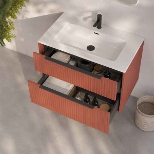Mobilier suspendat pentru lavoar Fluminia Istria 80 cu 2 sertare, front riflat, 80x46 cm, mattone, mâner negru - Img 2