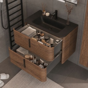 Mobilier suspendat pentru lavoar Fluminia Pisa 80 cm, front neted, 80 × 46 cm, tabacco, mâner negru - Img 4
