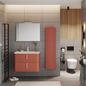 Mobilier suspendat pentru lavoar Fluminia Pisa 80 cm, front riflat, 80 × 46 cm, mattone, mâner alb mat - Img 3