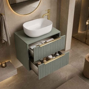 Mobilier suspendat pentru lavoar pe blat Fluminia Istria 80, cu 2 sertare, front riflat, 80x46 cm, salvia, mânere aurii - Img 3