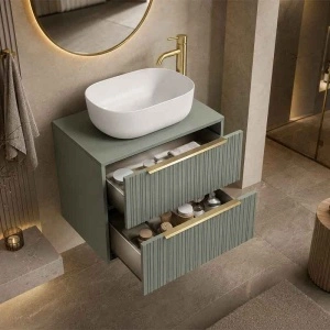 Mobilier suspendat pentru lavoar pe blat Fluminia Istria 80, cu 2 sertare, front riflat, 80x46 cm, salvia, mânere aurii - Img 3