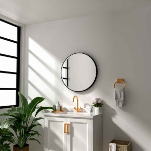 Oglindă cu LED, dezaburire și ceas Fluminia, Aster 70 Clock, Ø 70 cm, iluminare perimetrală, ramă neagră