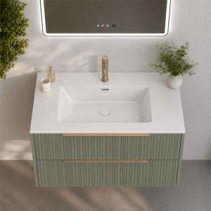 Mobilier suspendat pentru lavoar Fluminia Istria 80 cu 2 sertare, front riflat, 80x46 cm, salvia, mâner auriu - Img 4