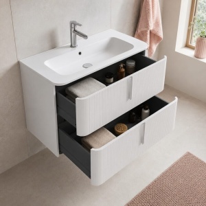 Mobilier suspendat pentru lavoar Fluminia Pisa 100 cm, front riflat, 100 × 46 cm, alb mat, mâner alb mat - Img 3