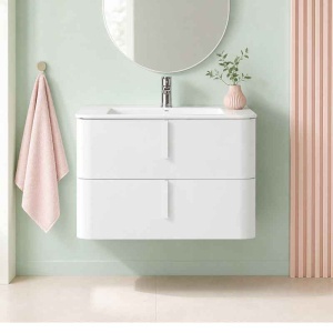 Mobilier suspendat pentru lavoar Fluminia Pisa 80 cm, front neted, 80 × 46 cm, alb mat, mânere albe mat - Img 3