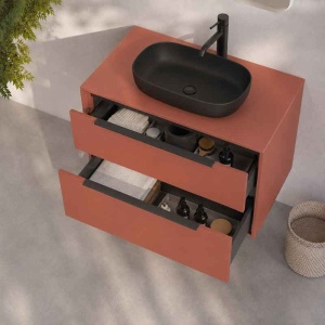 Mobilier suspendat pentru lavoar pe blat Fluminia Istria 80, front neted, 80x46 cm, mattone, mâner negru - Img 3