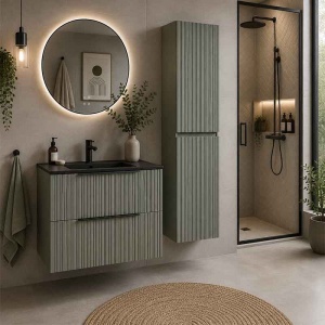 Mobilier suspendat pentru lavoar Fluminia Istria 80 cu 2 sertare, front riflat, 80x46 cm, salvia, mâner negru - Img 3