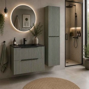 Mobilier suspendat pentru lavoar Fluminia Istria 80 cu 2 sertare, front riflat, 80x46 cm, salvia, mâner negru - Img 3