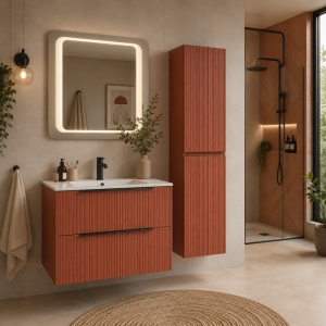 Mobilier suspendat pentru lavoar Fluminia Istria 80 cu 2 sertare, front riflat, 80x46 cm, mattone, mâner negru - Img 3