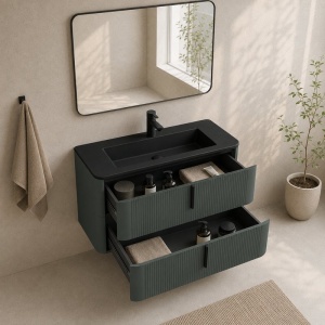Mobilier suspendat pentru lavoar Fluminia Pisa 100 cm, front riflat, 100 × 46 cm, verde Italia, mâner negru - Img 4