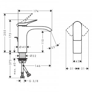 Baterie lavoar, Hansgrohe, Vivenis 110, cu ventil, negru mat - Img 2