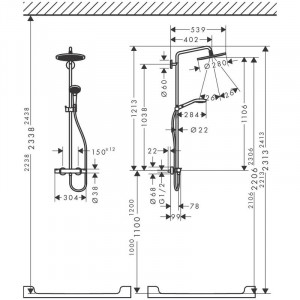 Coloana de dus cu baterie termostatata, Hansgrohe, Croma Select S, cu bara si suport dus, auriu lucios - Img 3