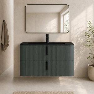 Mobilier suspendat pentru lavoar Fluminia Pisa 100 cm, front riflat, 100 × 46 cm, verde Italia, mâner negru - Img 2