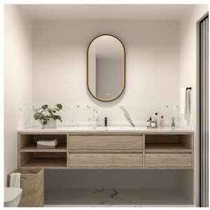 Oglindă cu LED, dezaburire și ceas Fluminia, Canaria 100 Clock, iluminare perimetrală cu difuzor acrilic, ramă neagră