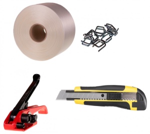 Pachet banda PES hotmelt de inalta rezistenta 19mm x 400m + bucle + cleste + cutter uz industrial - Img 1