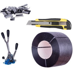 Pachet bandă PP 16 mm + cleste + capse + cutter uz industrial - Img 1