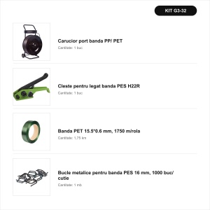Pachet complet banda PET 15.5*0.6 + cleste PES + bucle + carucior