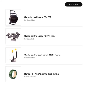 Pachet complet banda PET 15.5*0.6 + cleste + capse + carucior