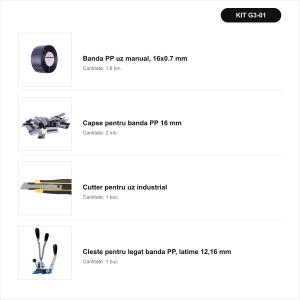 Pachet complet bandă PP 16 mm + cleste + capse + cutter uz industrial