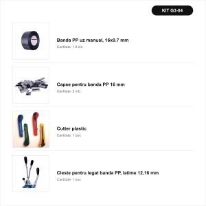 Pachet complet bandă PP 16 mm + cleste + capse + cutter plastic