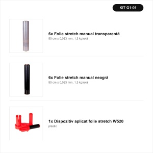 Folie stretch pentru colete: transparent + negru + dispenser