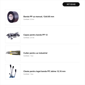 Pachet complet bandă PP 12 mm + cleste + capse + cutter uz industrial