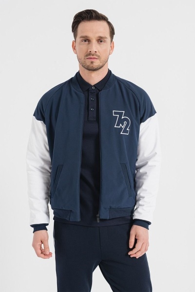 Jacheta Bomber cu maneci raglan, Alb, Albastru marin