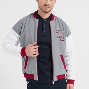 Jacheta Bomber cu maneci raglan, Rosu inchis, Alb optic, Gri inchis