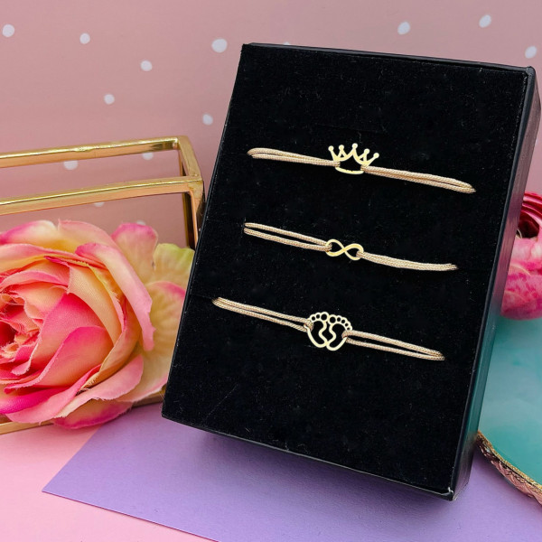 PROMO > Set 3 bratari cu snur si pandantive din aur 14k: talpite, coronita si infinit