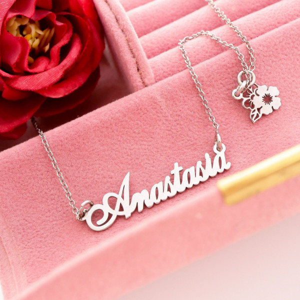 Colier din argint personalizat cu nume la comanda si charm floricica