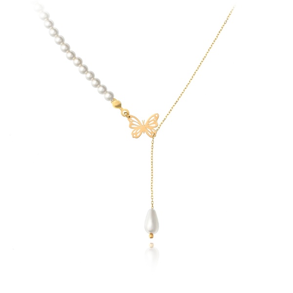 Colier tip Choker cu perle si fluturas culisabil din aur 14k