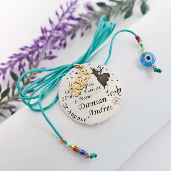 Banut 2.5cm pentru botez - mot - cu charm, snur si miyuki