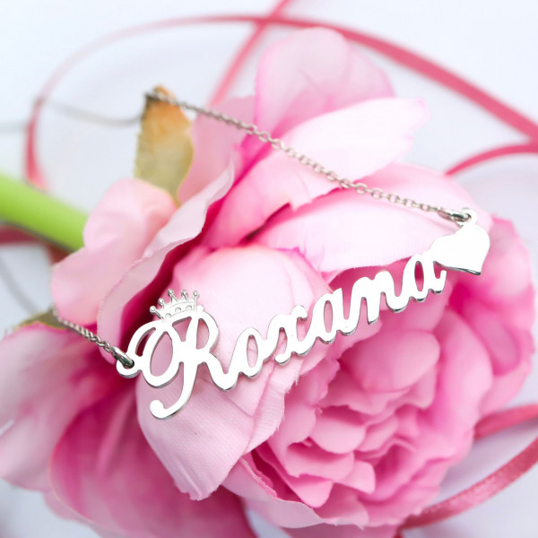 Colier din argint 925 cu nume Roxana cu coronita si inimioara