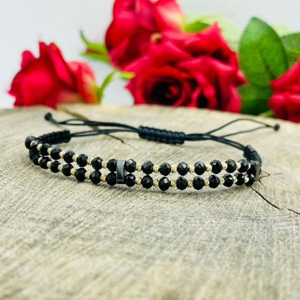 Bratara dubla cu snur, hematite si bilute din aur 14k