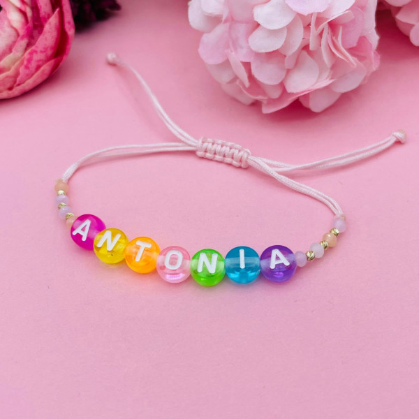 Bratara cu cristale si nume la alegere + bilute din aur 14k - pentru copii