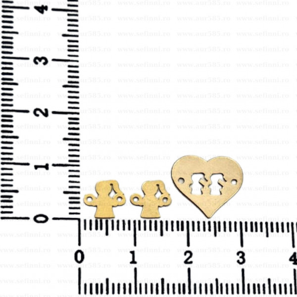 Link din aur 14k - pentru bratara - set 3 piese inima cu 2 fetite