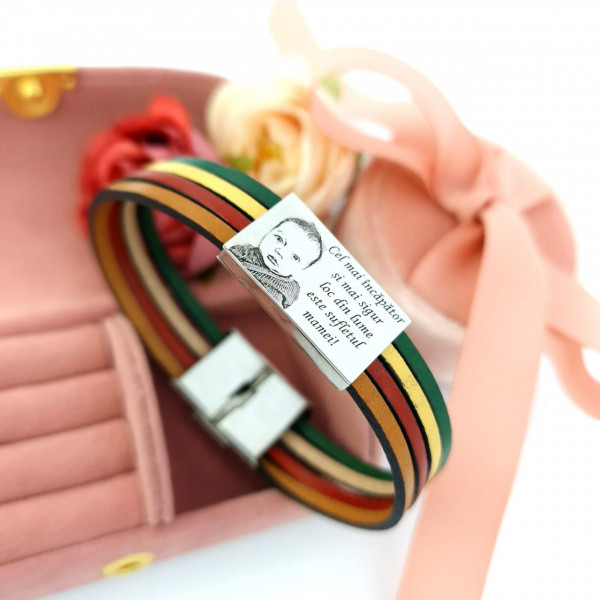 Bratara din piele naturala cu placuta din argint 925 personalizata prin fotogravura/ text ( Inchizatoare din inox )