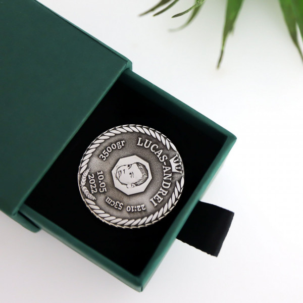 Moneda Botez 3cm din Argint 925 personalizata 3D cu datele copilului si fotogravura