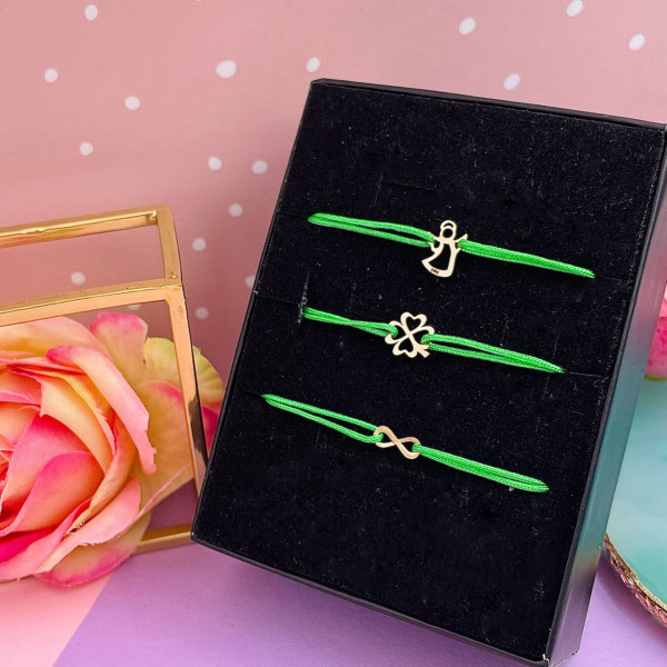 PROMO > Set 3 bratari cu snur si pandantiv din aur 14k: ingeras, trifoi si infinit