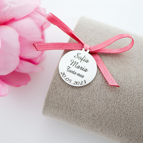 Banut Argint 2cm pentru Botez - Turta - personalizat fata si verso